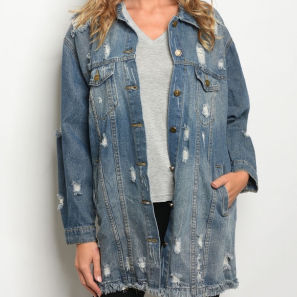 Last 1 SIZE M! 100% COTTON DENIM DISTRESSED JACKET - Picture 2 of 6